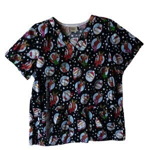 Tafford Christmas Scrub Top Black Women's Santa Claus Reindeers Snow Large